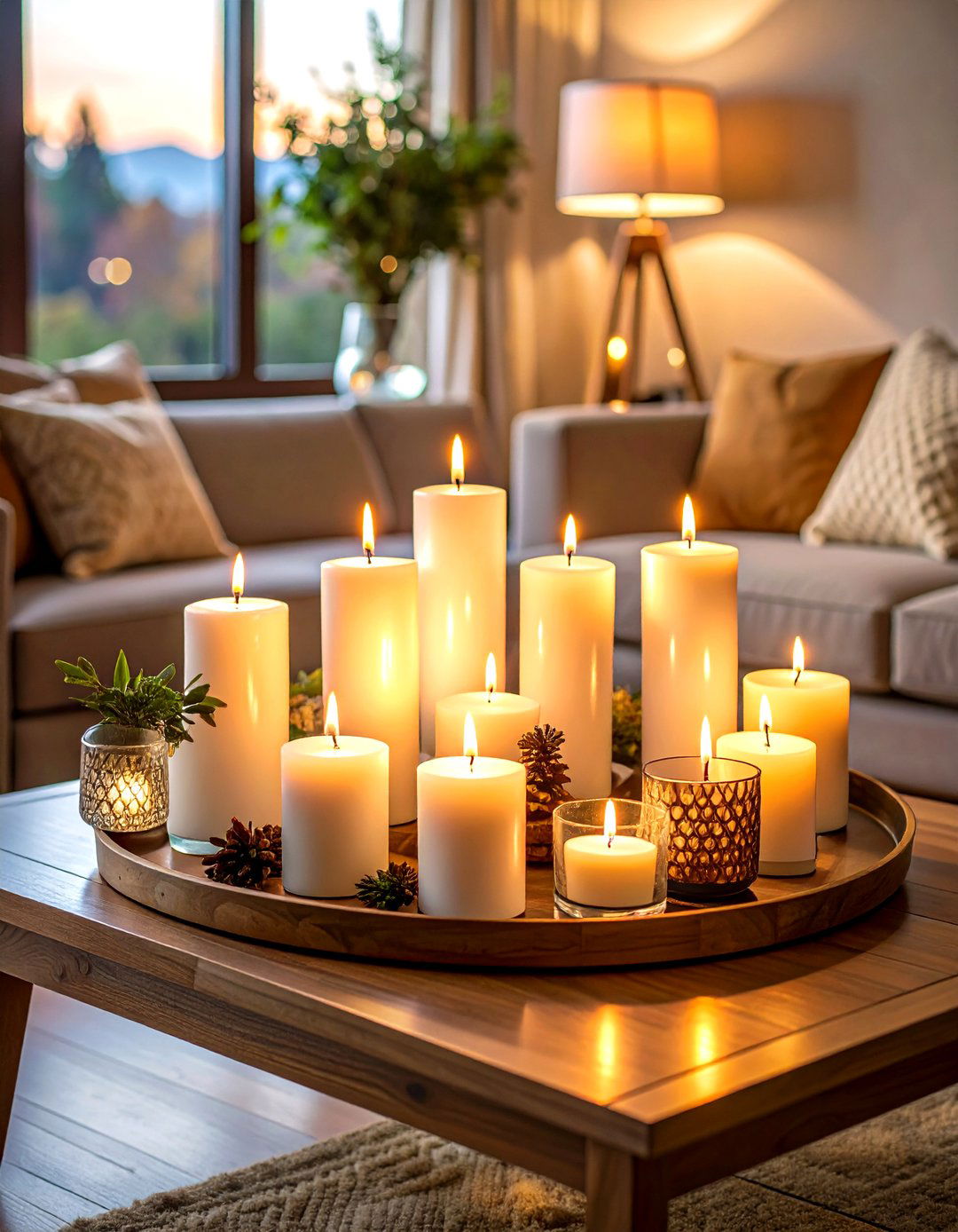 Candle Coffee Table Centerpiece with Pillar Arrangements - 24 Coffee Table Centerpiece Ideas