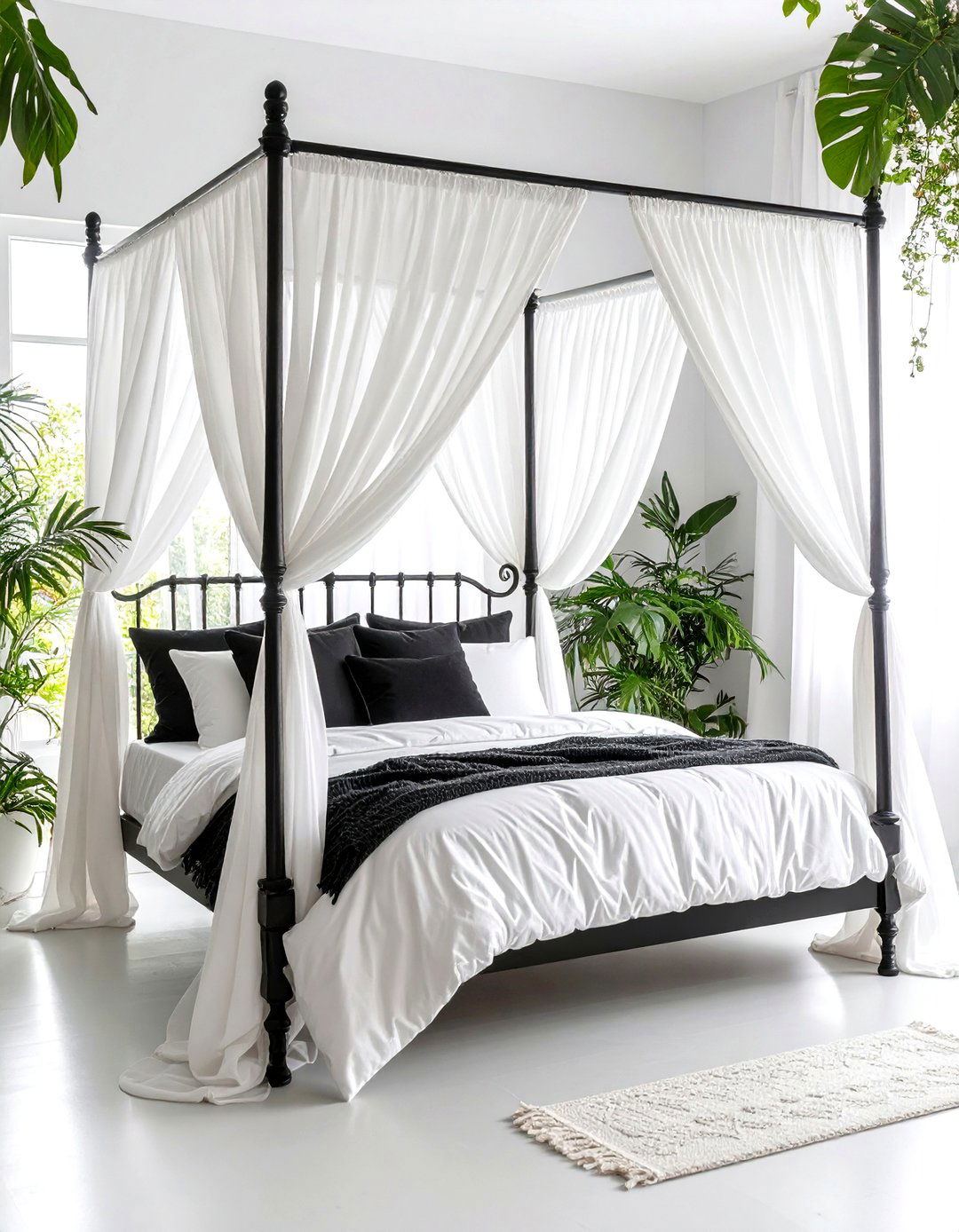 Canopy Bed Romance with Sheer Draping - 24 Feminine Black and White Bedroom Ideas