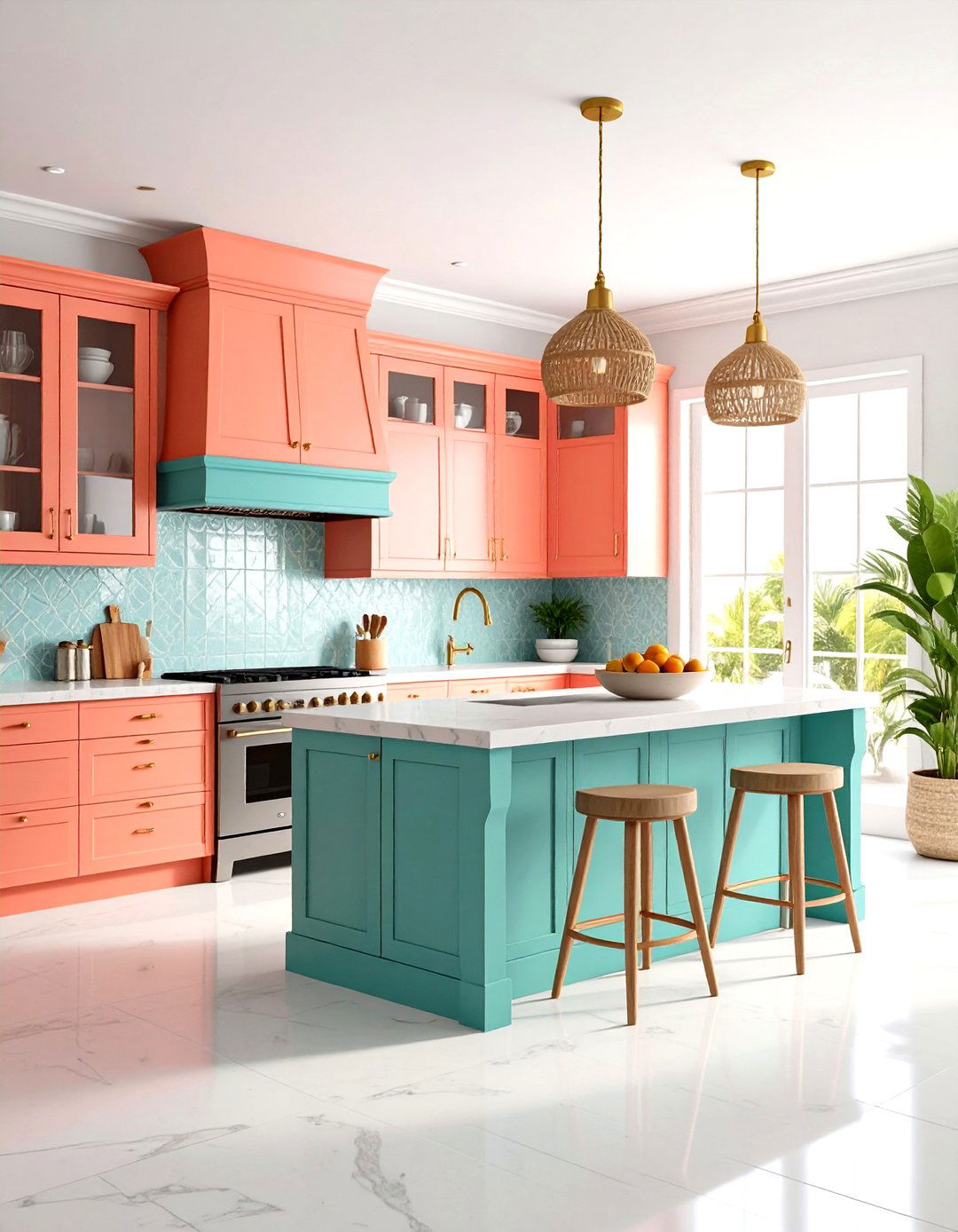 Caribbean Coral Kitchen with Turquoise Accents - 24 Tropical Kitchen Ideas