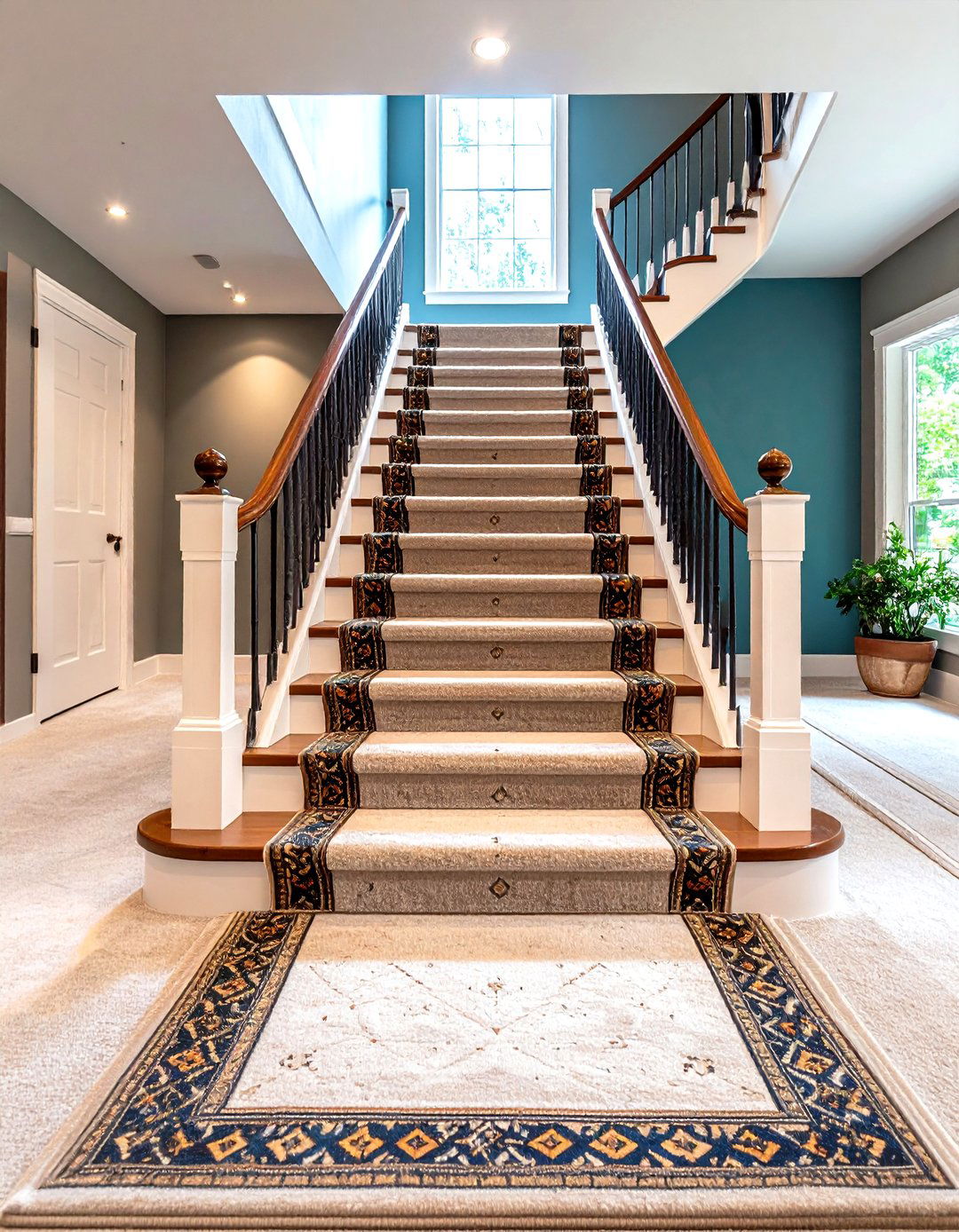 Carpeted Basement Stairs with Patterned Runners - 24 Basement Stair Ideas