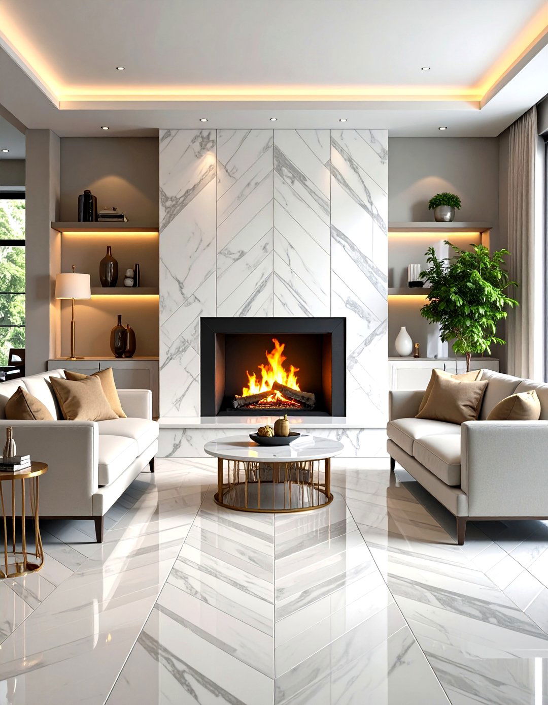 Carrara Marble Herringbone Fireplace Design - 24 Fireplace Tile Ideas