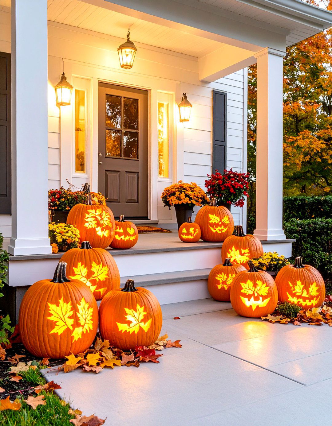 Carved Leaf Pattern Pumpkins - 24 Pumpkin Decor Ideas
