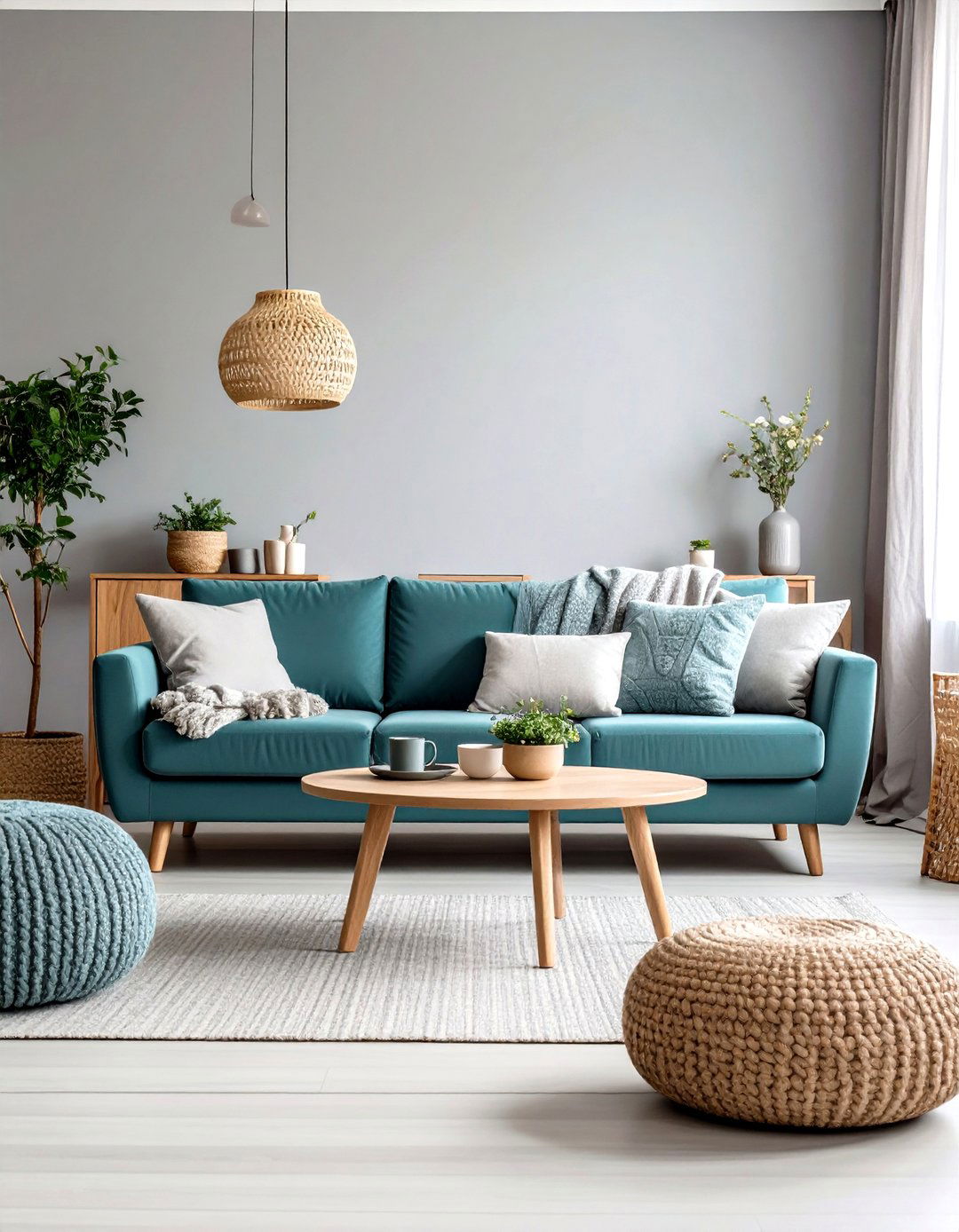Casual Teal Slipcover Sofa with Dove Grey Walls - 24 Teal and Grey Living Room Ideas