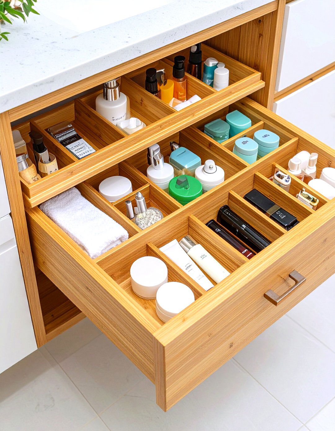Category Specific Bamboo Compartment Grid with Natural Appeal - 24 Bathroom Drawer Organization Ideas