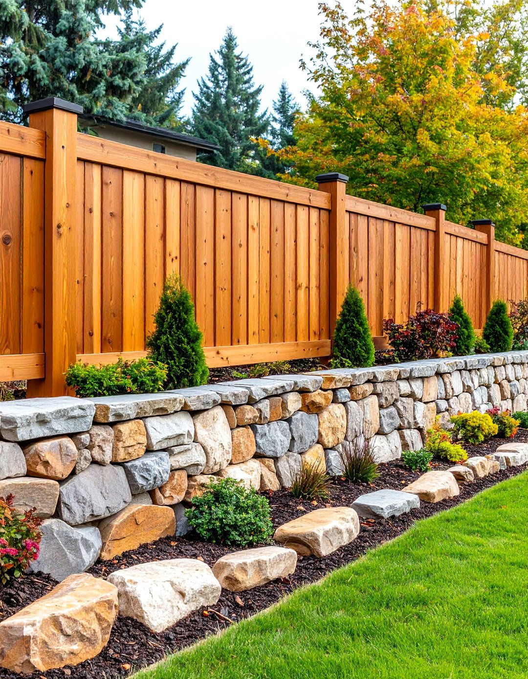 Cedar Fence with Retaining Wall Integration - 24 Cedar Fence Ideas
