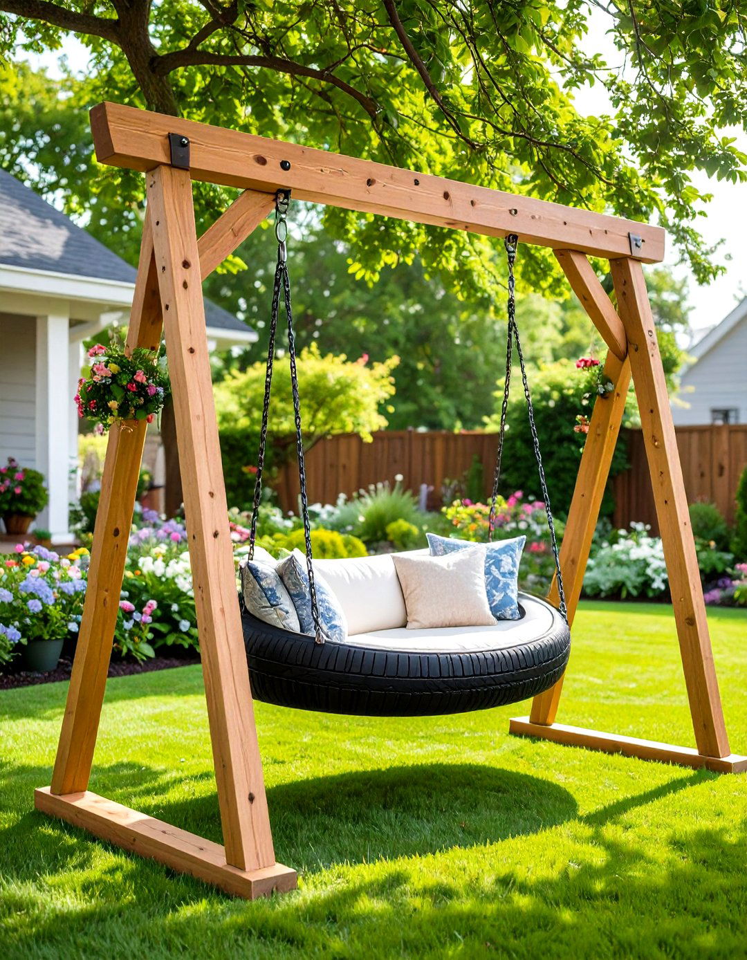 Cedar Frame Freestanding Tire Swing - 24 Tire Swing Ideas
