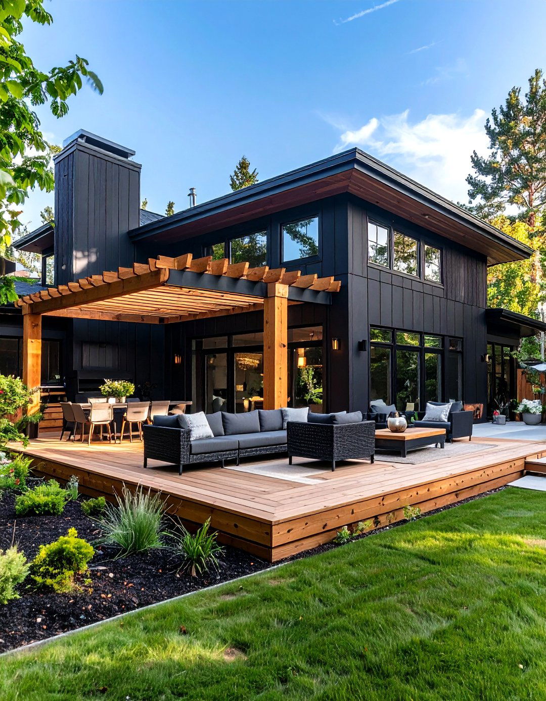 Cedar Outdoor Living Spaces - 24 Black House With Cedar Accents