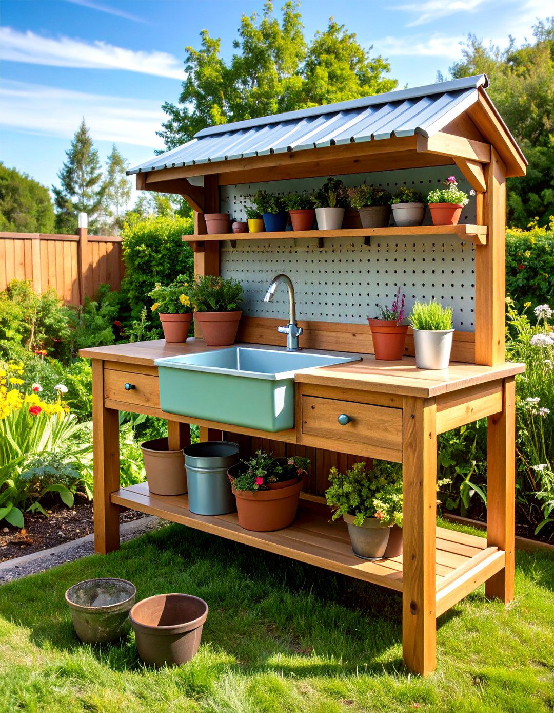 Cedar Potting Bench with Integrated Sink - 24 outdoor sink ideas