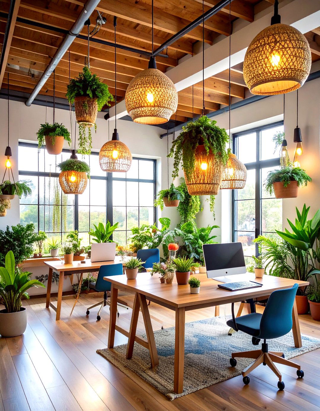 Ceiling Hanging Garden Elements - 24 Bohemian Home Office Ideas