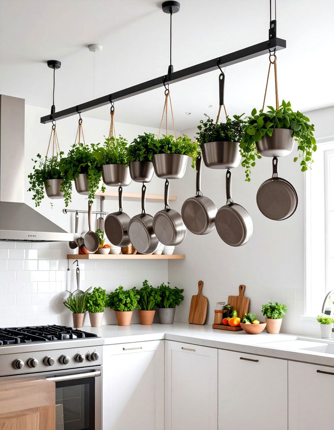 Ceiling Mounted Pot Rack Storage - 24 Small Kitchen Storage Ideas