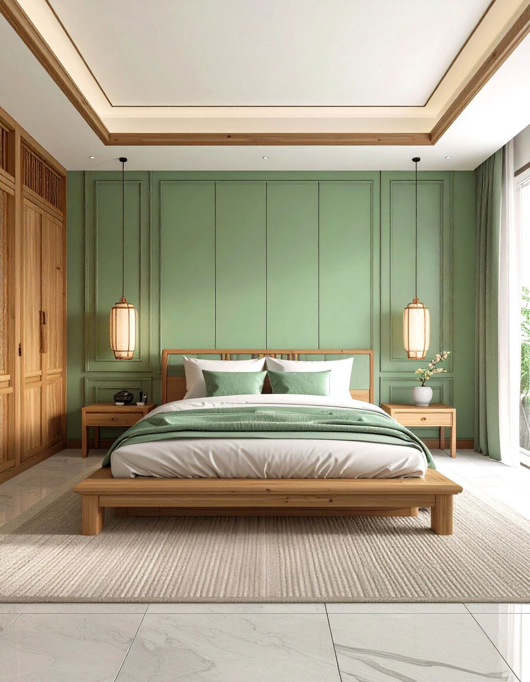 Celadon Green Asian Fusion Bedroom - 24 Green Panelling Bedroom Ideas