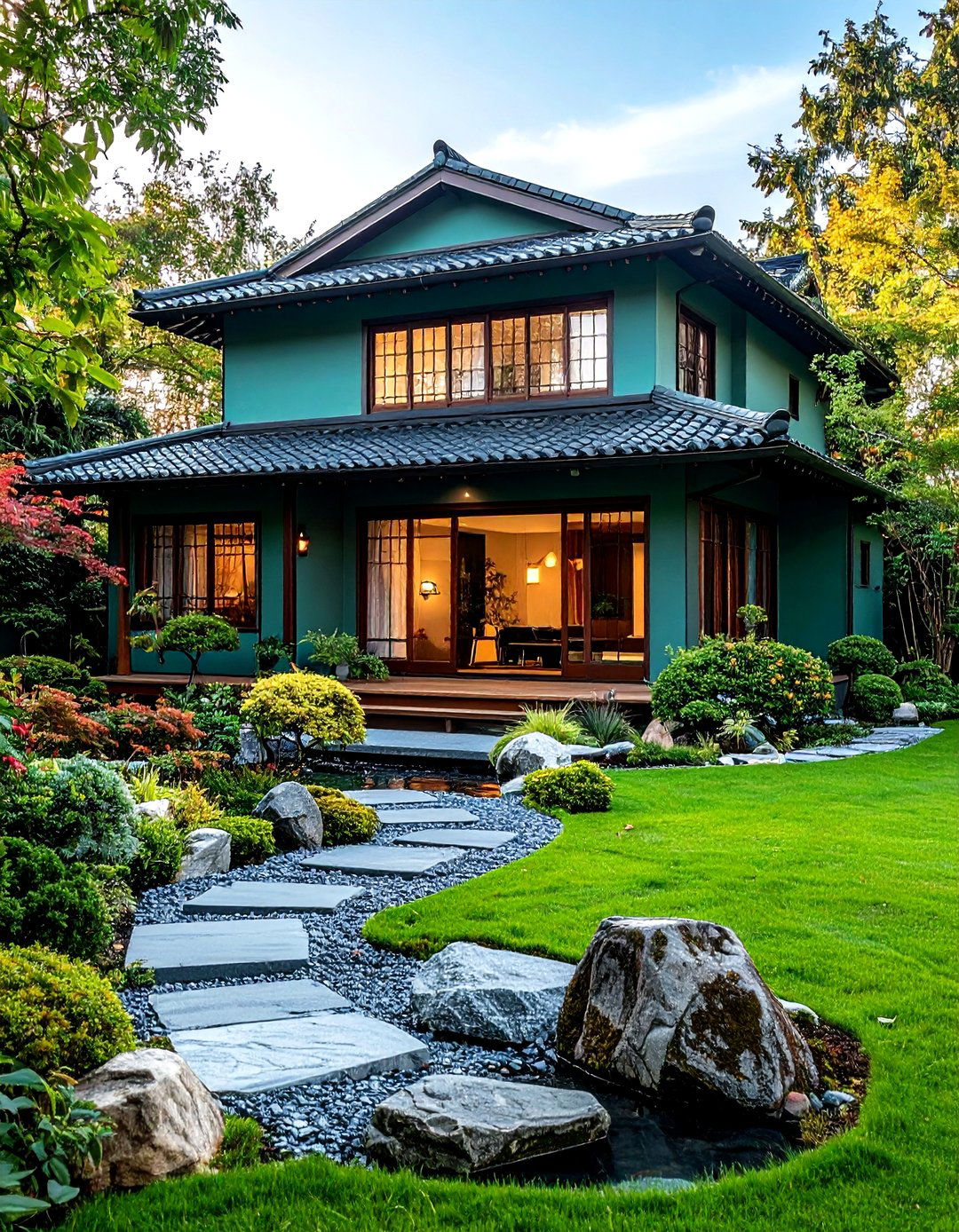 Celadon Green Asian Inspired Exterior - 24 Green Exterior House Paint Ideas