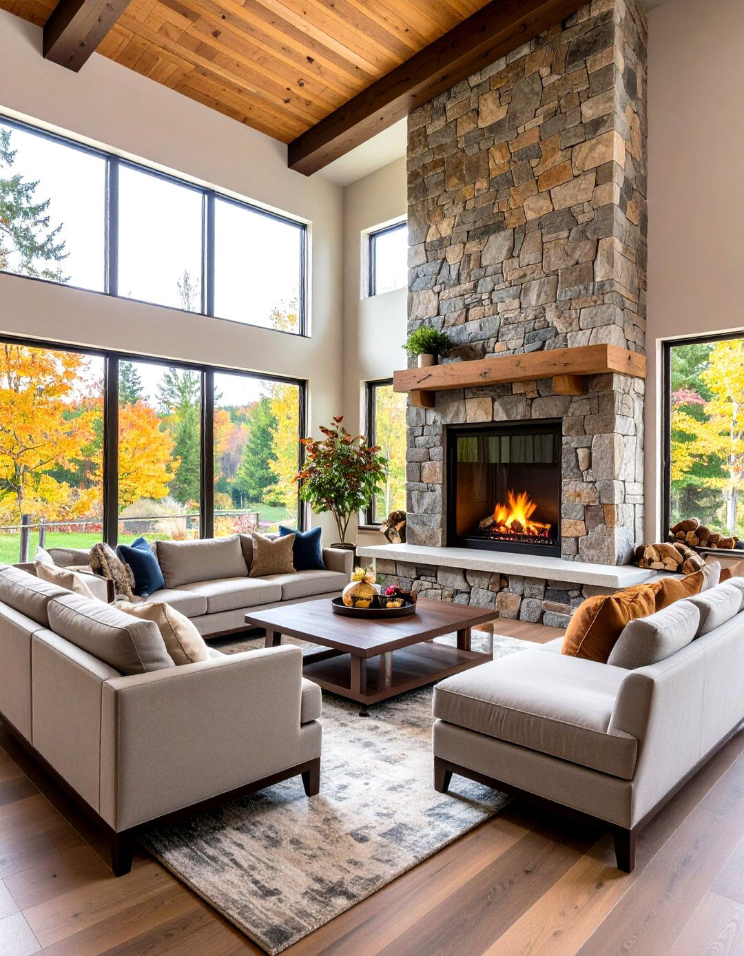 Central Fireplace Design with Horizontal Stone Hearth - 24 Prairie-style Interior Design Ideas