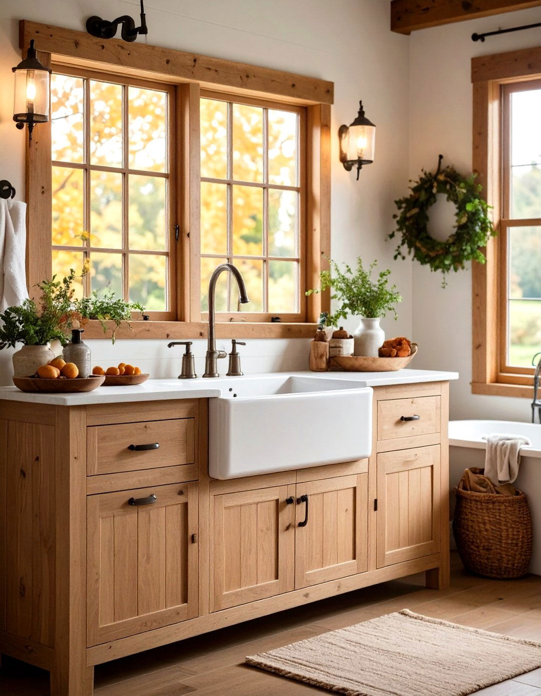 Ceramic Farmhouse Sink with Beadboard Vanity - 24 Small Bathroom Sink Ideas