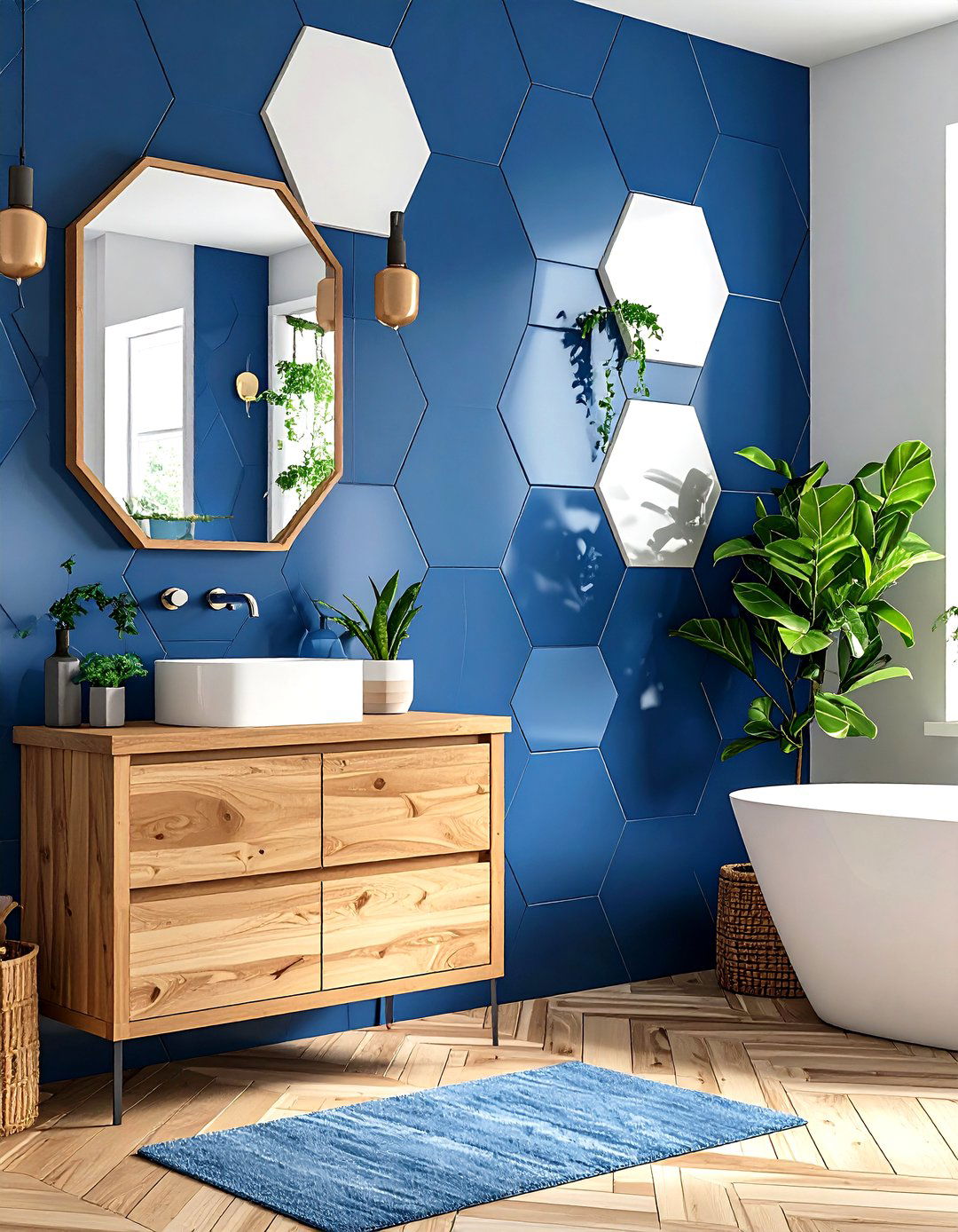 Ceramic Tile Feature Wall Bathroom with Wood Accents - 24 Mid-century Modern Bathroom Ideas