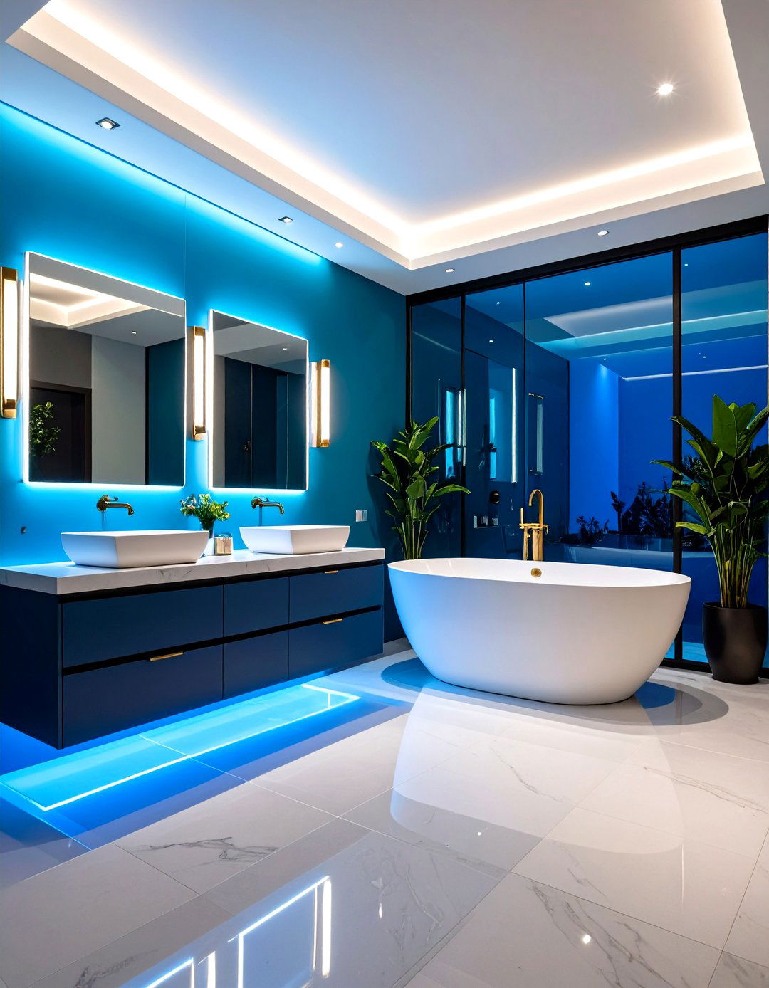 Cerulean Blue Accent Lighting Drama - 24 Blue and Gold Bathroom Ideas