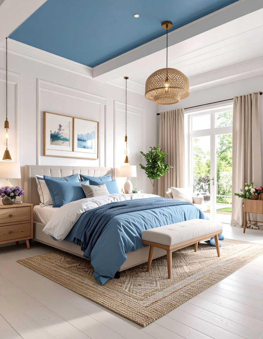 Cerulean Blue Ceiling with Thistle Purple Bedding - 24 Blue and Purple Bedroom Ideas