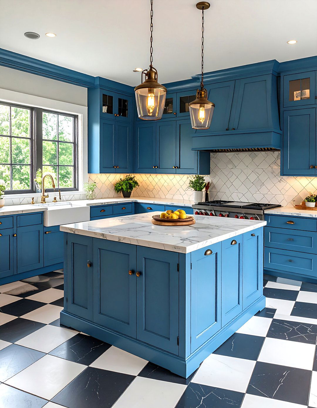 Cerulean Blue Farmhouse Kitchen with Checkerboard Floors - 24 blue farmhouse kitchen cabinets