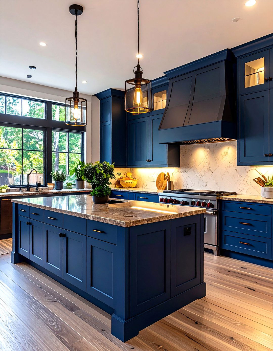 Cerulean Blue Modern Farmhouse Cabinets with Bianco Antico Brown Granite - 24 blue kitchen cabinets with brown granite countertops