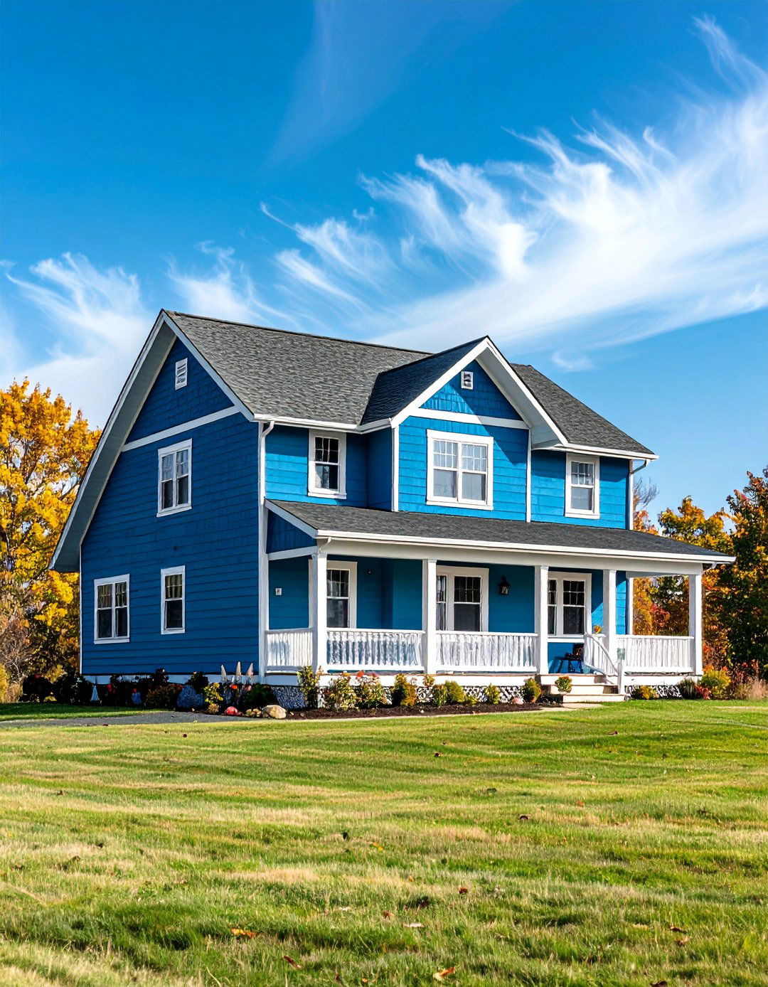 Cerulean Blue Prairie Style - 24 Blue House Siding With White Trim
