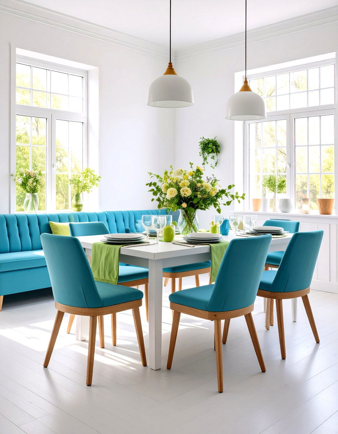 Cerulean Blue and Kelly Green Breakfast Nook - 24 Blue and Green Color Combos for Decorating