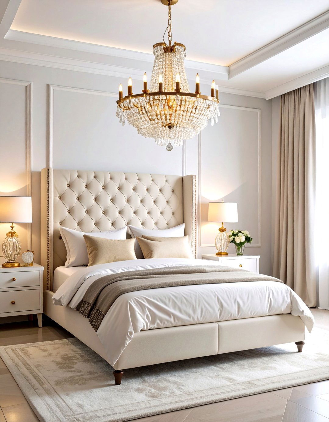 Chandelier Statement Bedroom with Romantic Lighting - 24 Feminine Black and White Bedroom Ideas