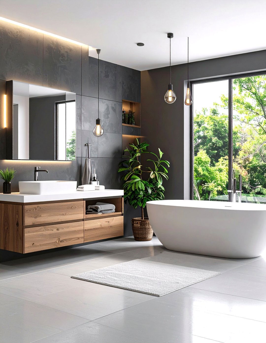 Charcoal Accent Wall with White Everything Else - 24 Grey and White Bathroom Ideas