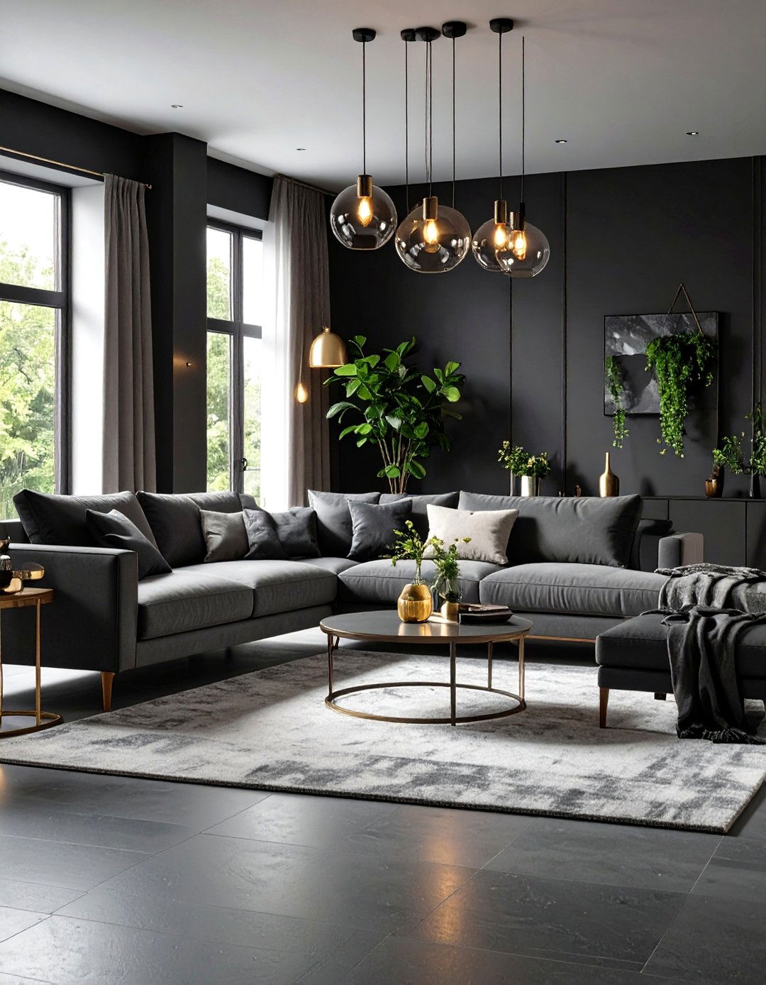 Charcoal Black Dramatic Living Room - 24 Monochromatic Living Room Ideas