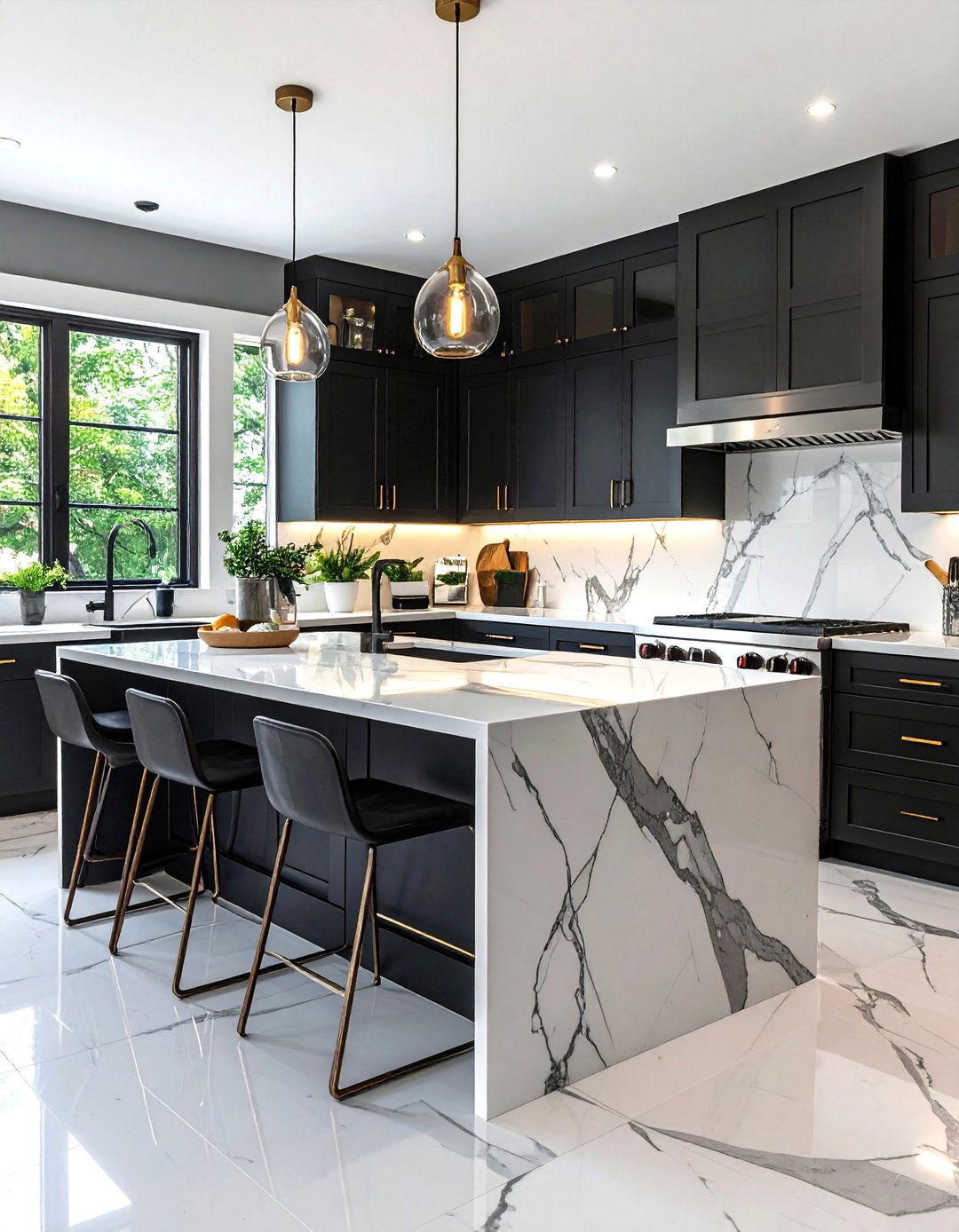 Charcoal Black Kitchen with White Marble - 24 Kitchen Color Ideas