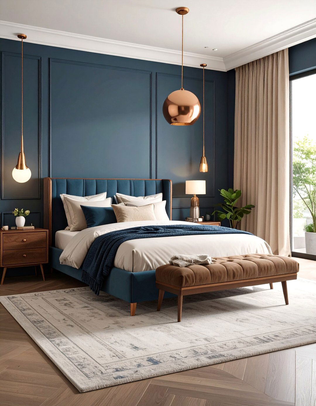 Charcoal Blue Bedroom with Copper Accents - 24 Bedroom Paint Colors