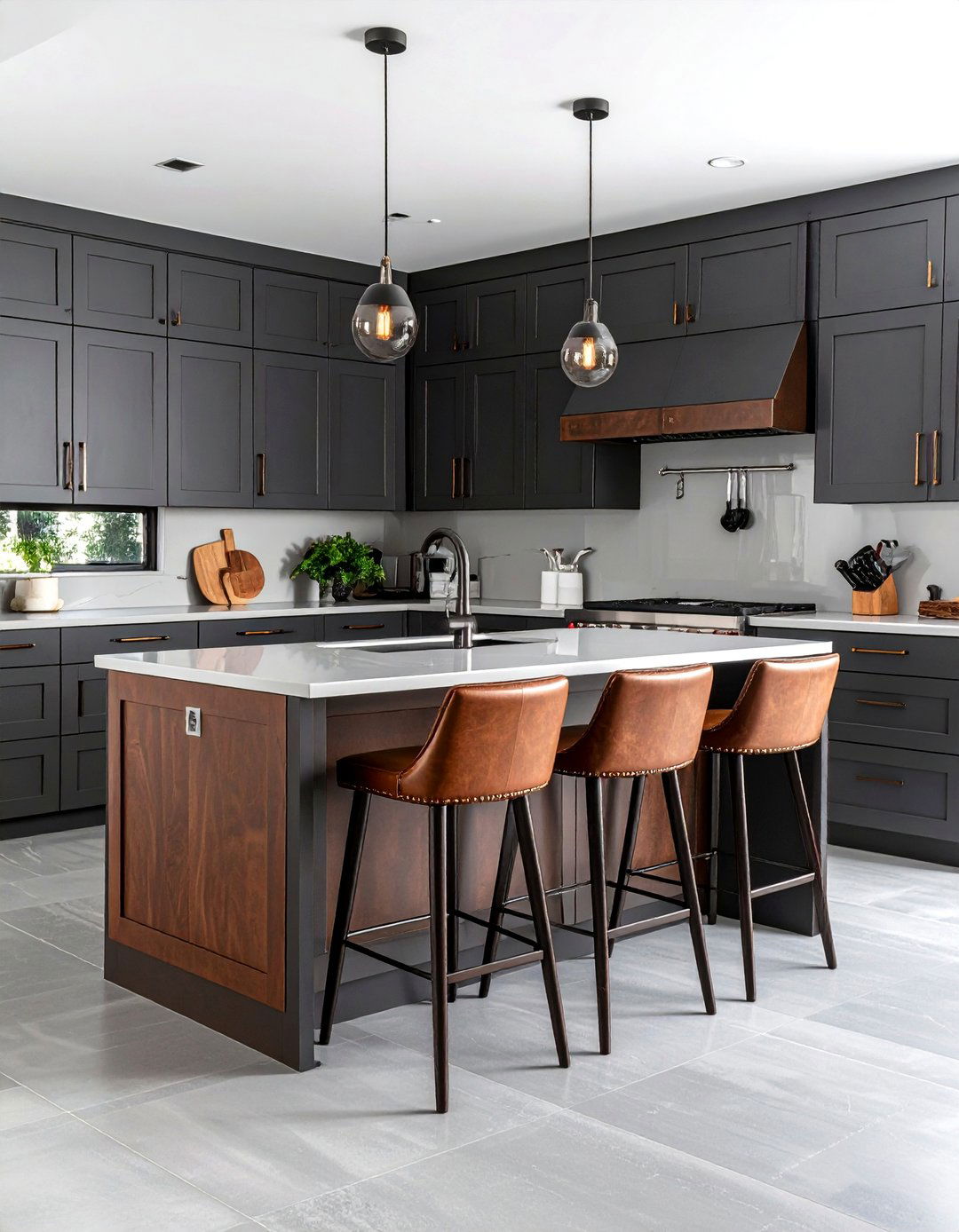 Charcoal Cabinets with Cognac Brown Leather Accents - 24 Black and Brown Kitchen Ideas