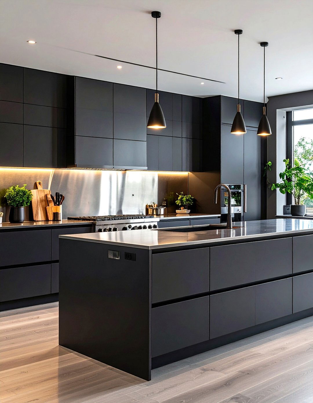 Charcoal Cabinets with Metallic Backsplash - 24 Dark Kitchen Ideas