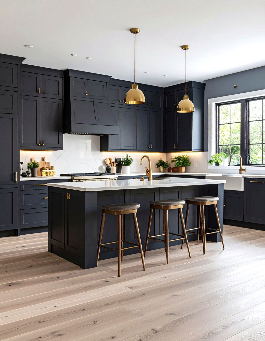 Charcoal Gray Cabinets with White Oak Floors and Brass Details - 24 Farmhouse Kitchen With Gray Cabinets Ideas