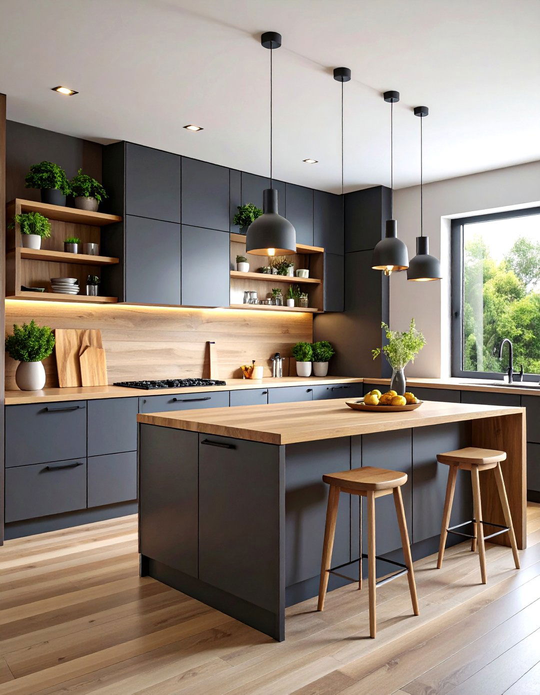 Charcoal Gray Cabinets with Wood Accents - 24 Dark Kitchen Ideas