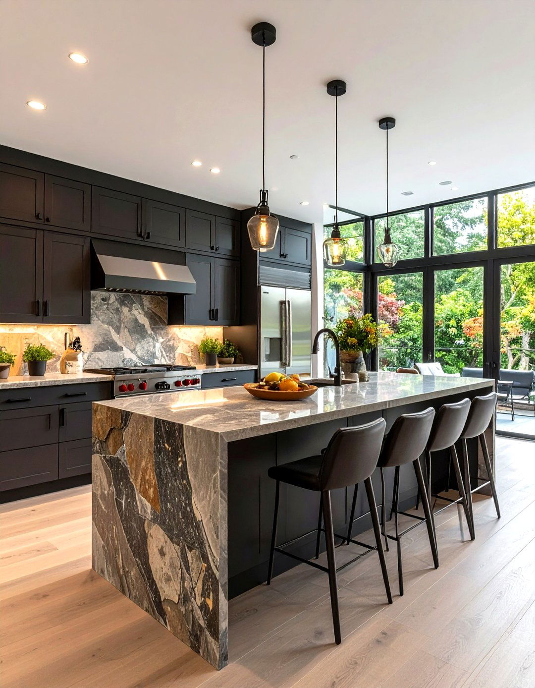 Charcoal Gray Modern Kitchen with Waterfall Island - 24 Gray Kitchens