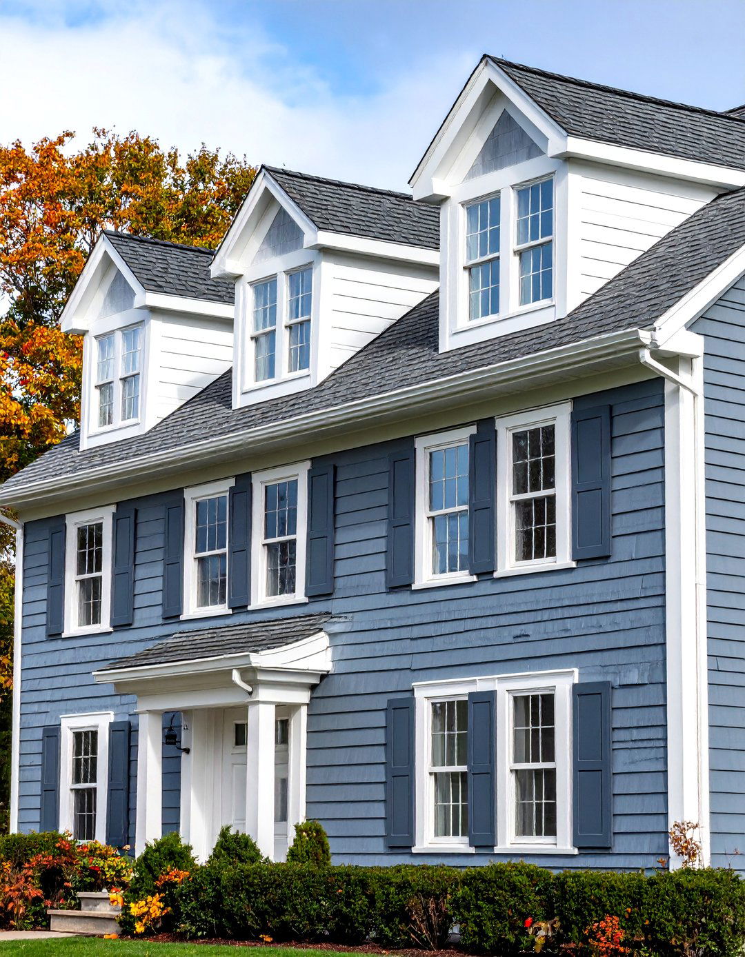 Charcoal Grey Clapboard with White Dormer Details - 24 Dark Grey House Exterior Ideas