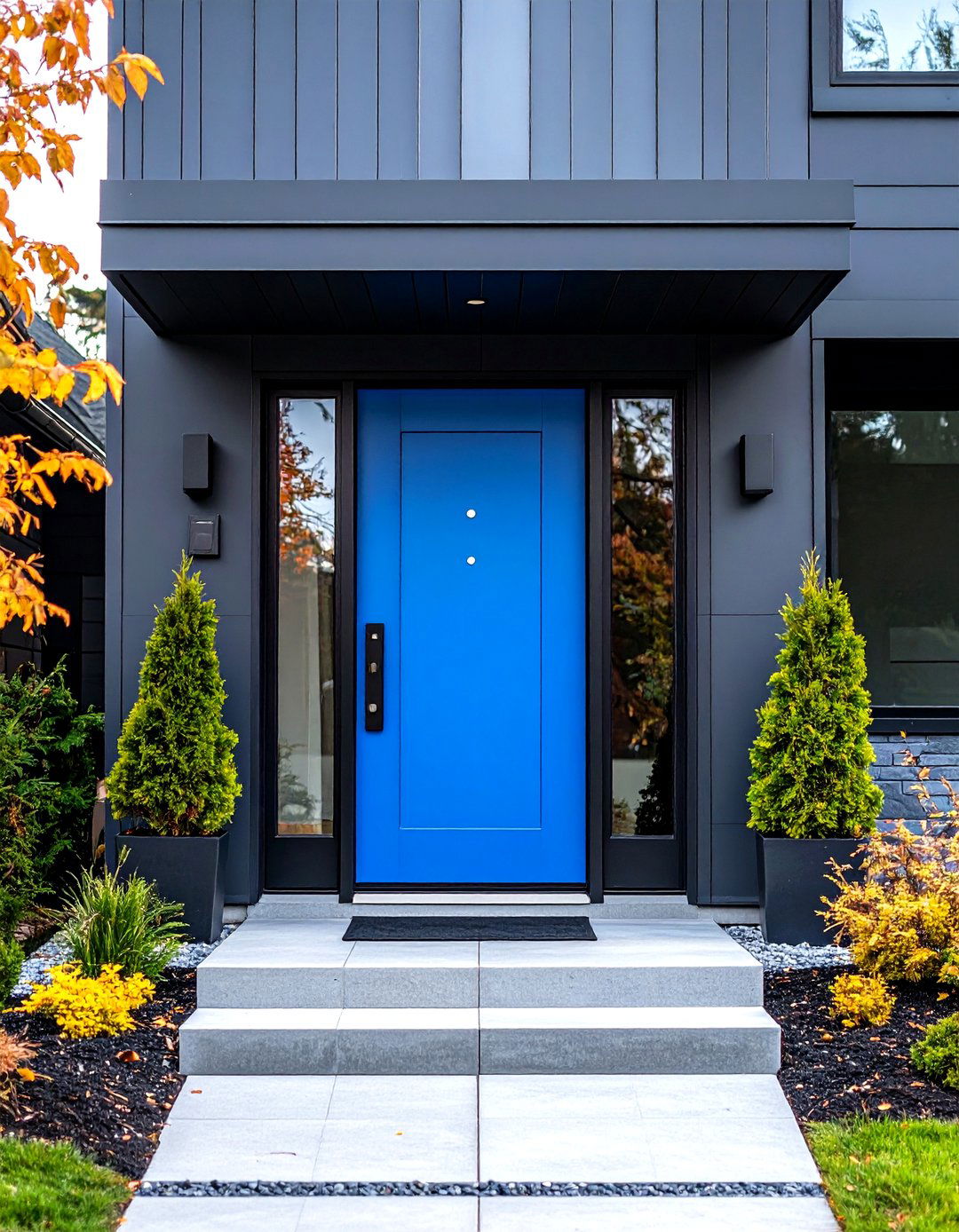 Charcoal Grey Modern with Bright Cobalt Accents - 24 Grey House With Blue Door Ideas