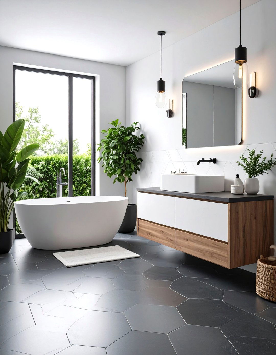 Charcoal Hexagon Floors with Light Grout - 24 Bathrooms With Hexagon Tile Floors