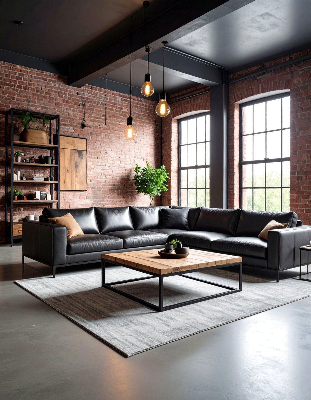 Charcoal Living Room with Exposed Brick and Industrial Lighting - 24 Moody Living Room Ideas