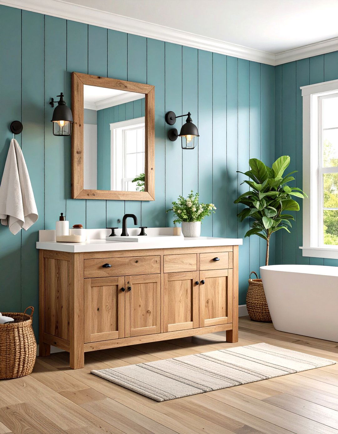 Charcoal Shiplap with Natural Wood Vanity - 24 Black and Wood Bathroom Ideas