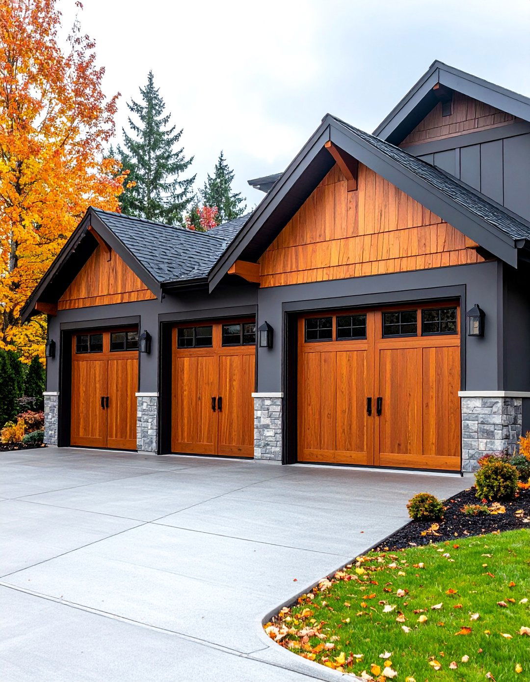 Charcoal Vertical Siding with Wood Garage Doors - 24 Dark Grey House Exterior Ideas
