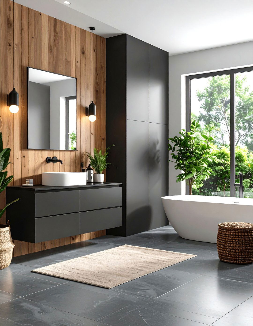 Charcoal Wood Look Tile with Black Vanity - 24 Black and Wood Bathroom Ideas