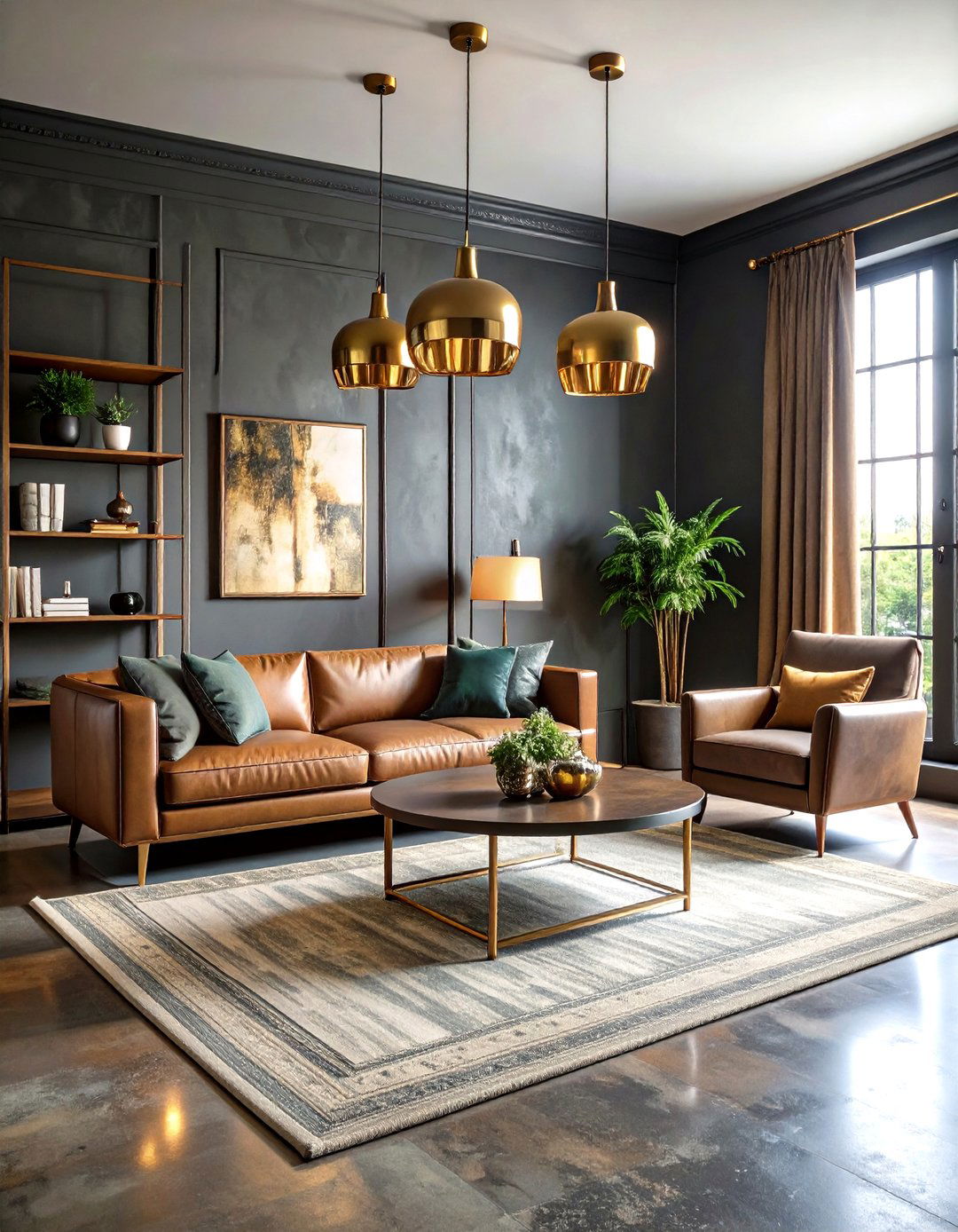 Charcoal and Brass Industrial Living Room - 24 Dark Living Room Ideas