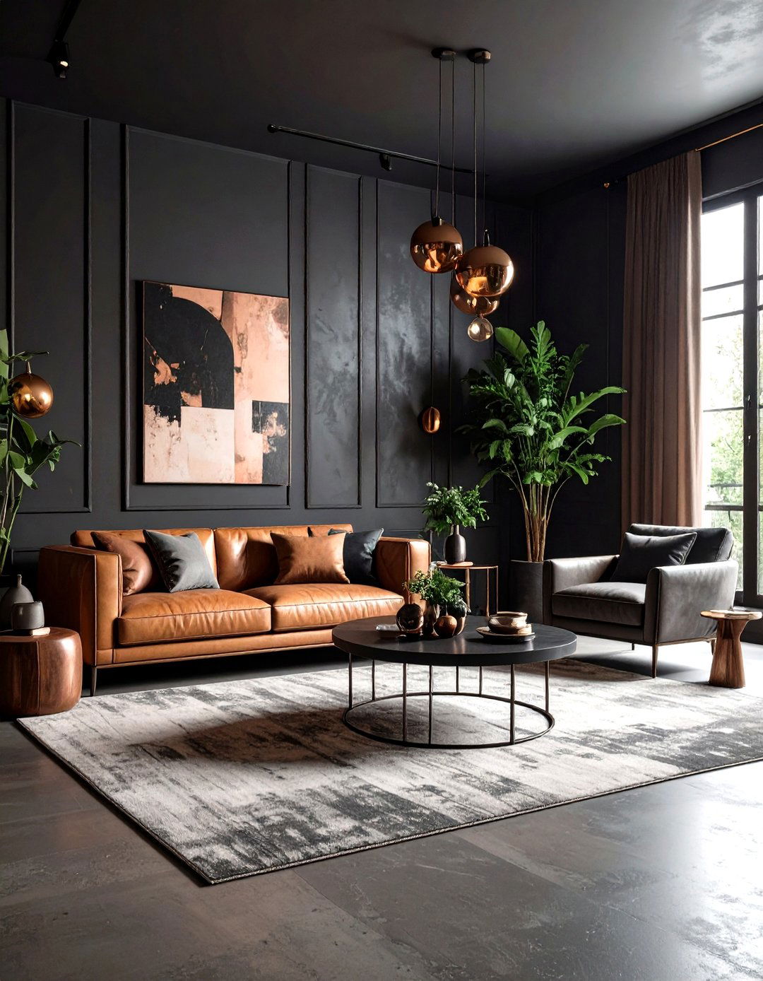 Charcoal and Copper Living Room - 24 Dark Living Room Ideas