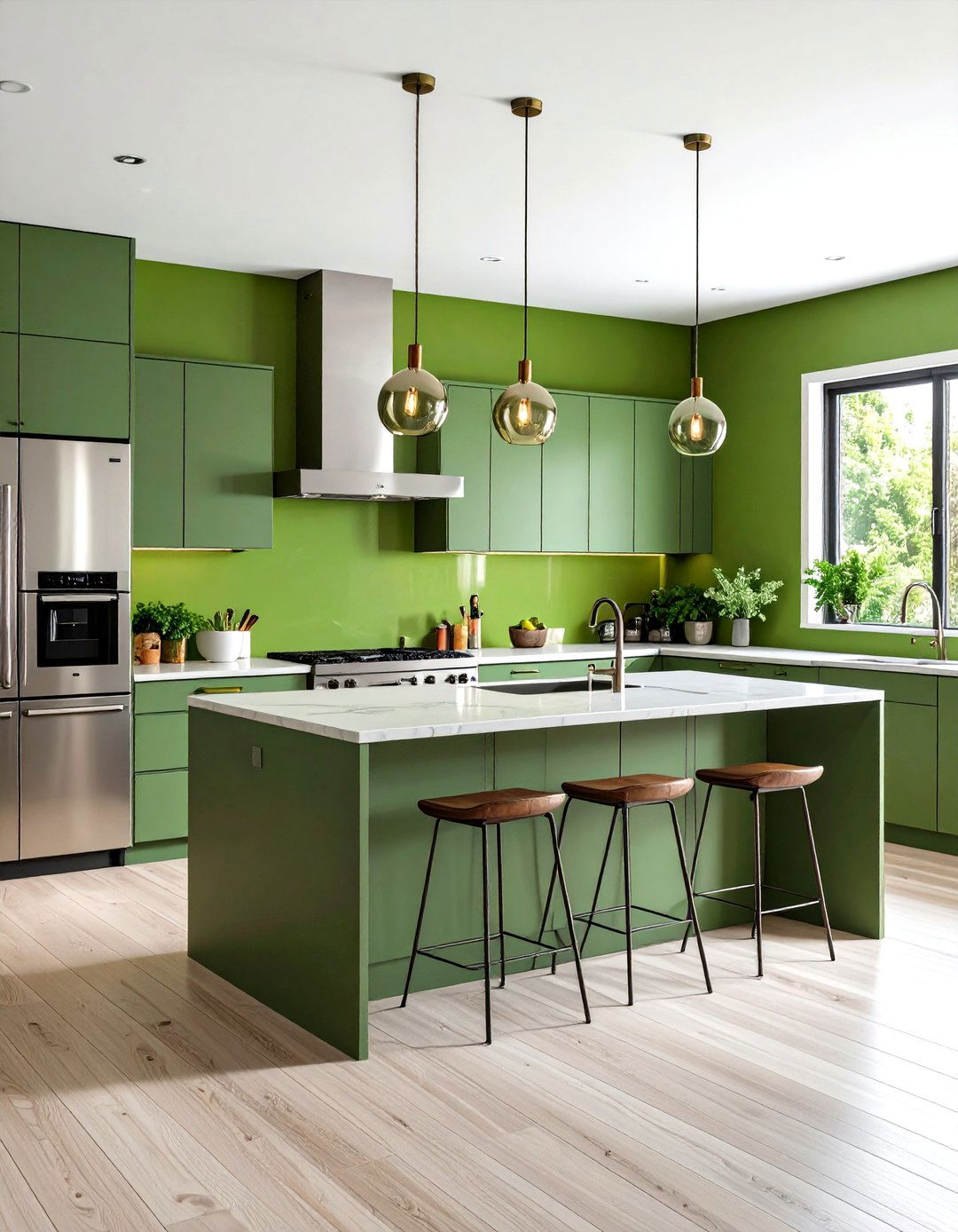 Chartreuse Accent Wall with Sage Green Peninsula - 24 Green and Yellow Kitchen Ideas