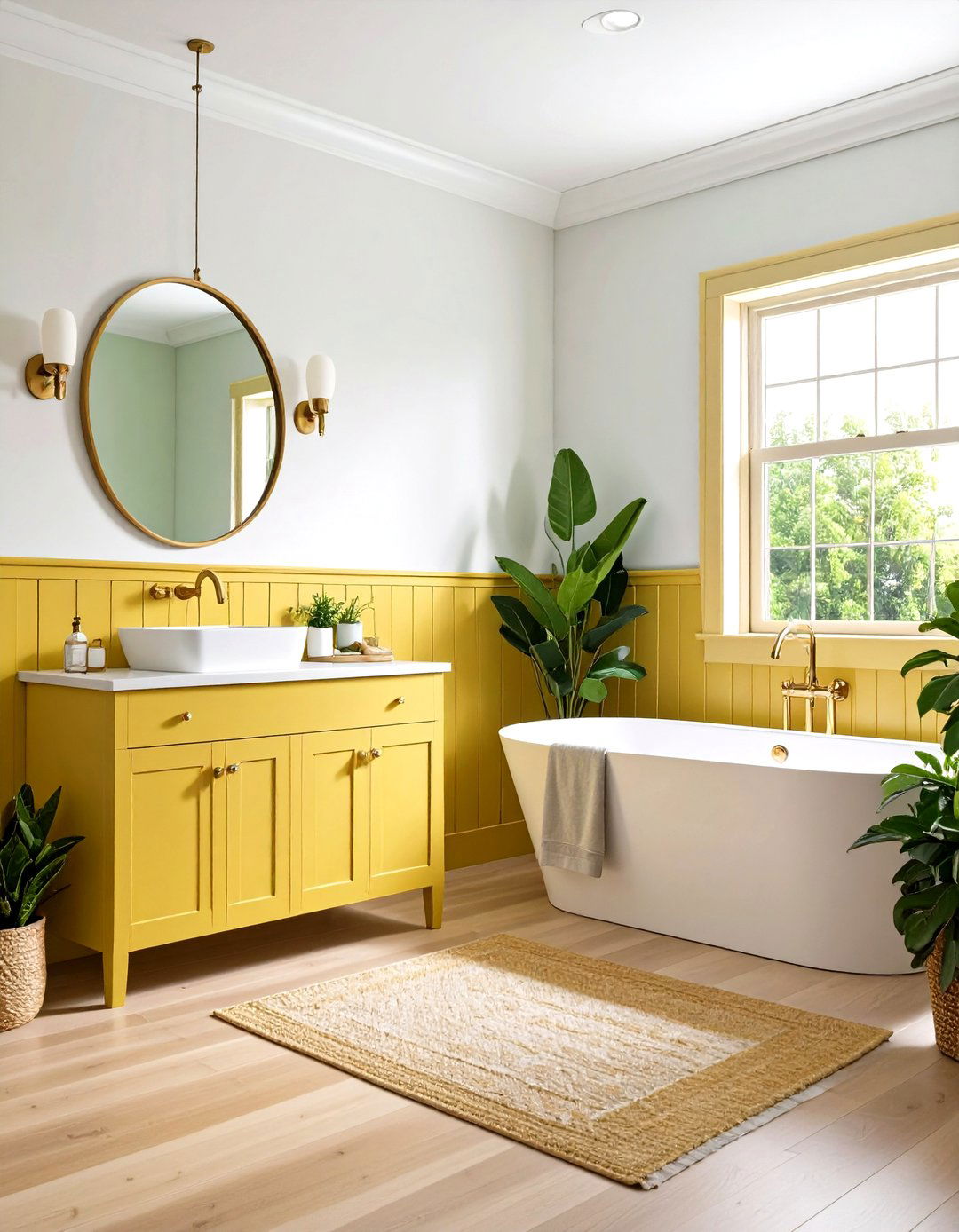 Chartreuse Green Accent Tiles with Butter Yellow Wainscoting - 24 Yellow and Green Bathroom Ideas