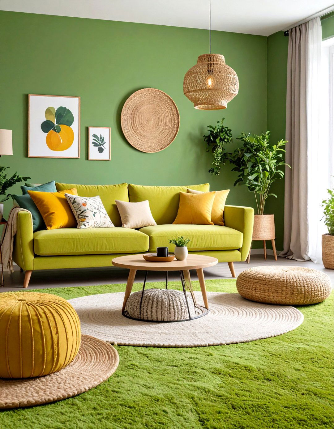 Chartreuse Green Carpet Living Room with Eclectic Art - 24 Green Carpet Living Room Ideas