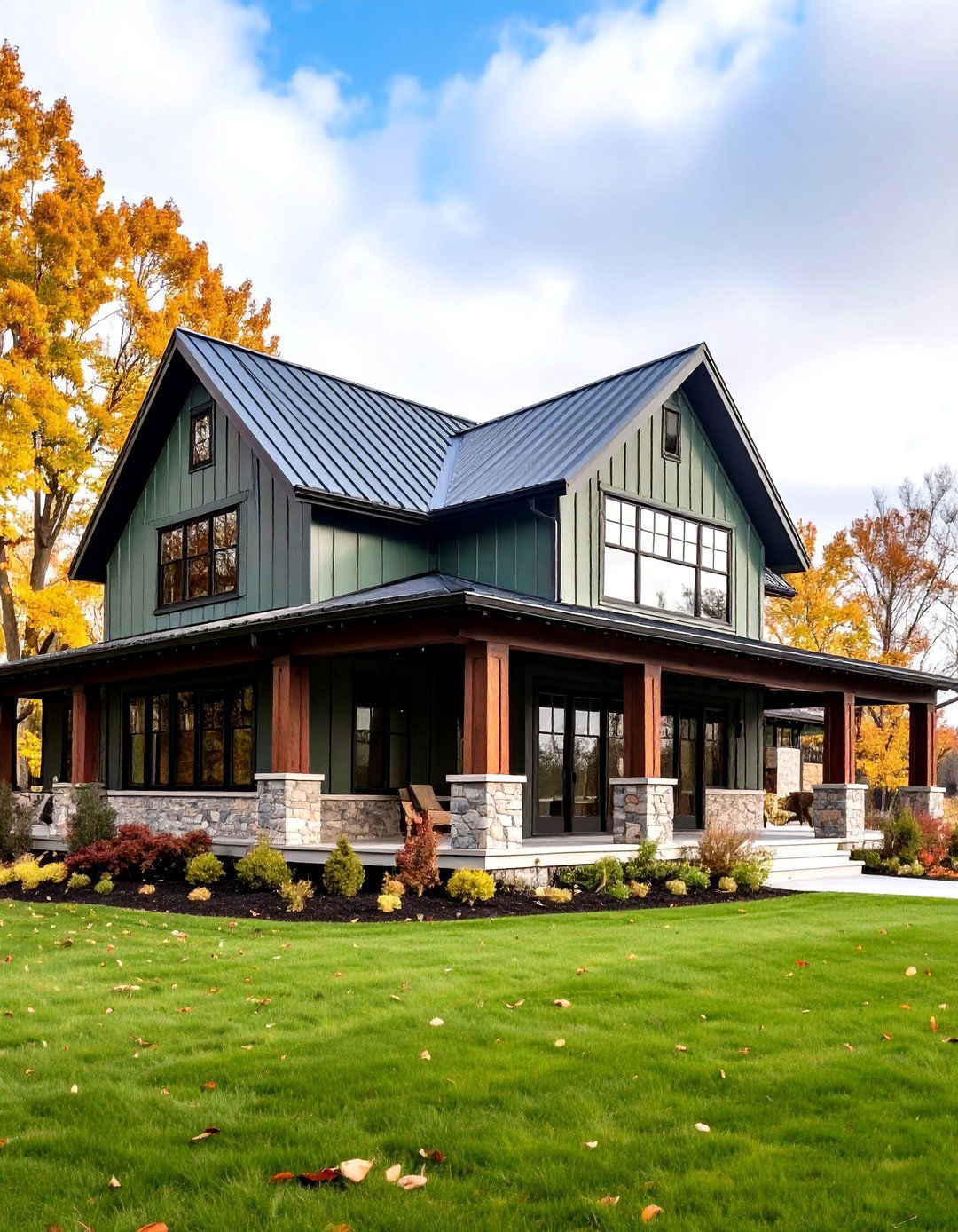 Chartreuse Green Metal Panel with Dark Wood Trim - 24 Farmhouse Green Exterior Home Ideas