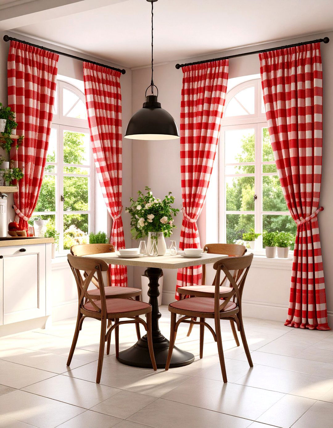 Checkered Bistro Curtains in Red and White - 24 Kitchen Curtain Ideas