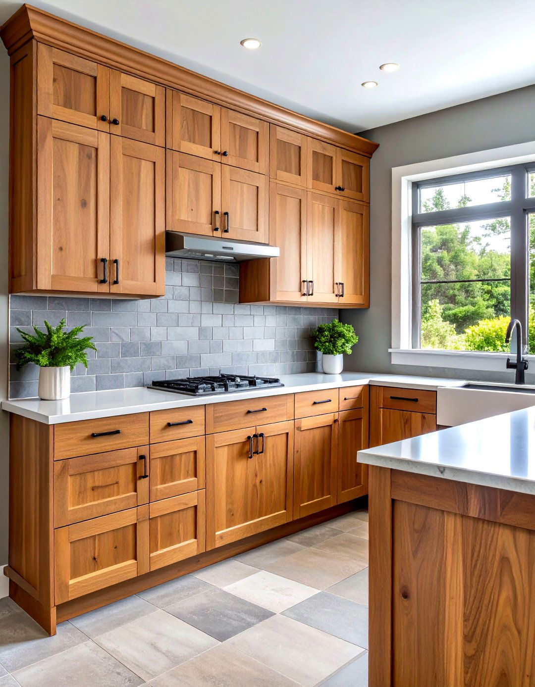 Cherry Cabinets with Gray Stone Backsplash - 24 Natural Cherry Kitchen Cabinets